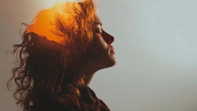 Profile of pensive woman with double exposure, Profile of a pensive woman with a double exposure effect combining her face with dreamy abstract visuals