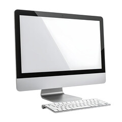 Sleek all-in-one desktop computer with a blank white screen and wireless keyboard isolated on black.