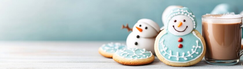 Fototapeta premium Snowman Cookie and Cocoa Scene, Holiday Baking, Winter Treat