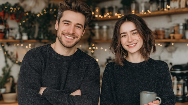 Young couple smiling while standing in decorated cozy café for Christmas   - Powered by Adobe