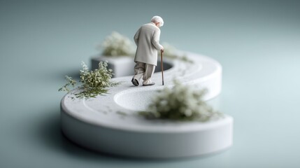 Old man with cane walking on curved park path in mint green ground