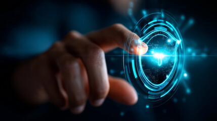 Dramatic closeup captures faceless cybersecurity expert's hands actively engaging with glowing multi-layered holographic shield interface, bright azure light illumination, futurist