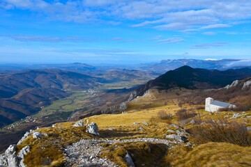 View of meadows at Nanos plateau and Vipava valley in Primorska, Slovenia
