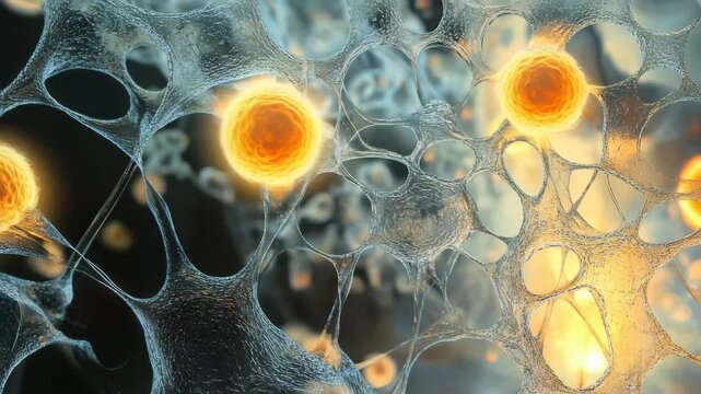 Colorful neural connections glowing in a complex network of cells and fibers showcasing biological processes