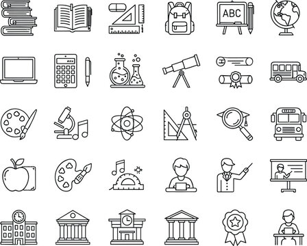 Education school icons set featuring learning tools, books, teachers, students, science equipment, art supplies, classroom elements, academic subjects, and technology