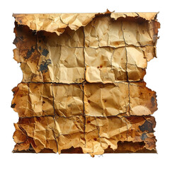 A close-up of a severely crumpled, aged, and partially burned piece of parchment paper against a black background.