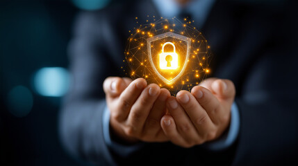Faceless businessman in suit holds glowing shield with padlock symbolizing cybersecurity and data protection in digital age, defocused security representation, protection metaphor,