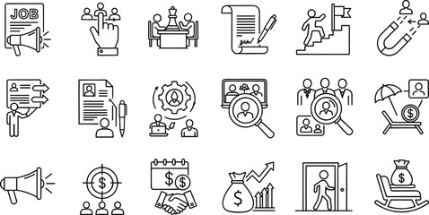 Recruitment and hiring icons set featuring job search, candidate selection, resume review, HR management, employee growth, talent acquisition, and business career development