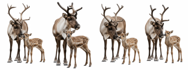 Set of Reindeer / Caribou with baby isolated on transparent background, Antlers, Reindeer with Baby PNG