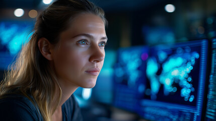 Faceless cybersecurity analyst monitors global network activity on multiple screens, woman focused on data analysis on large computer displays in dark room, defocused security oper