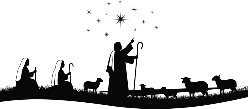 WebNativity shepherd silhouette scene featuring Bethlehem star, holy night illustration, shepherds with sheep, Christmas biblical artwork, religious winter scene symbols