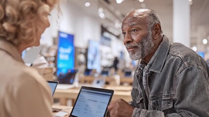 Senior man getting tech advice. Thoughtful older gentleman in electronics store. Friendly consultation, helpful assistance. Modern retail experience. Buying a laptop.