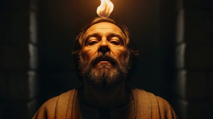 An apostle receiving the Holy Spirit as a flame above his head. A dramatic portrait of a man in prayer and contemplation. The day of Pentecost and divine inspiration concept