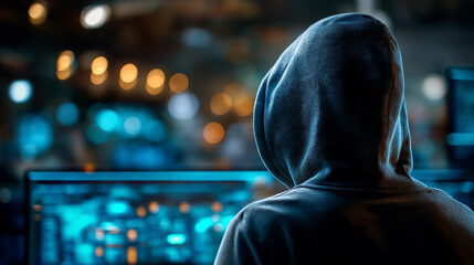 In shadows defender's vigil over digital world, faceless AI-powered horizons close view into cybersecurity analysis, defocused security monitoring, threat surveillance moment, with