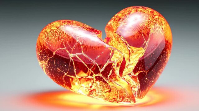 Red broken empty heart shell glass sculpture, Red broken heart sculpture made of glass, shaped like a cracked, empty shell, symbolizing fragility and emotional heartbreak