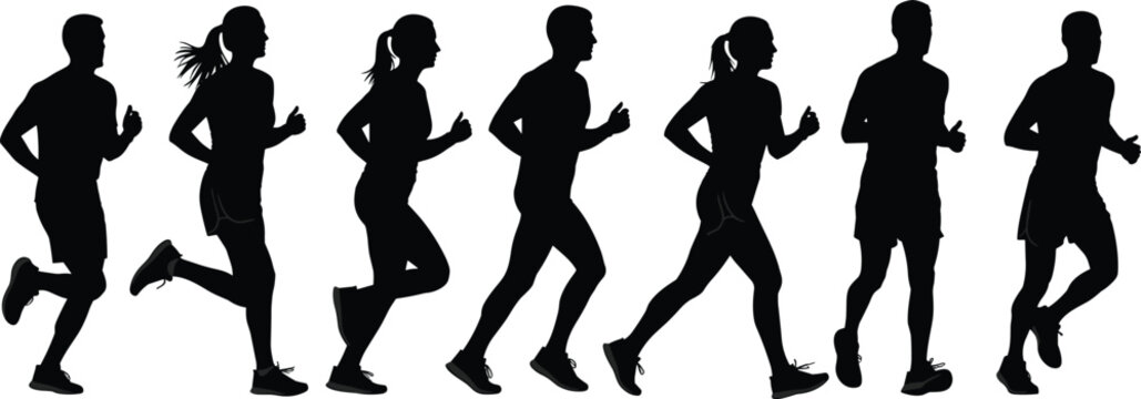 Running silhouette set featuring joggers, athletes in motion, fitness runners, marathon training, active lifestyle illustrations, men and women exercising outdoors