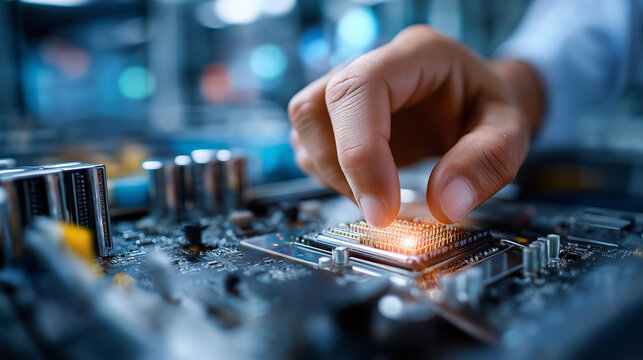 Faceless IT expert inserting motherboard on supercomputer server cluster, defocused hardware maintenance, infrastructure upgrade, data center technical work, component installation - Powered by Adobe