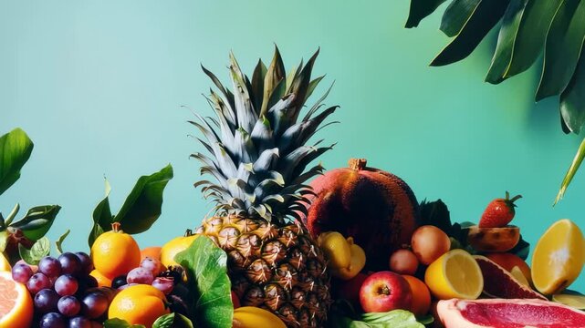 Vibrant assortment of fruits and meats arranged on a table with greenery in the background during daytime