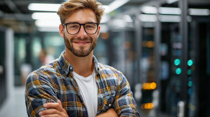 Smiling faceless tech specialist in server room looks into camera, young person with eyeglasses stands near servers in data center, IT expert in plaid shirt at work, with copy spac