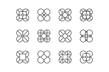 Simple emblem with circle and square. Set of 12 geometric shape. Modern abstract linear compositions and graphic design elements.