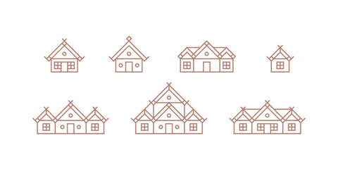 Different types of village houses. Flat line vector illustration.