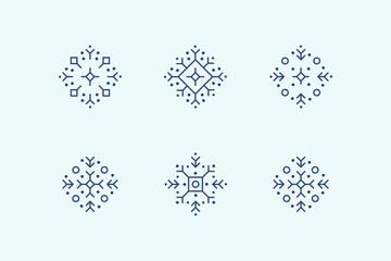 Flake of snow icons. Set of 6 geometric shape. Modern linear design sign of 6 snowflakes. New year's traditional decor elements.  