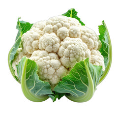 A vibrant head of white cauliflower surrounded by fresh green leaves isolated on a black background.