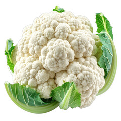 A vibrant close-up of fresh white cauliflower with surrounding green leaves against a black background.