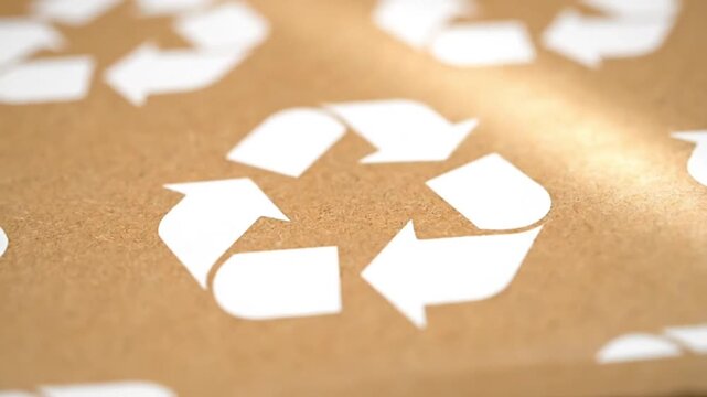 White recycling symbols repeating on textured brown cardboard surface, environmental concept