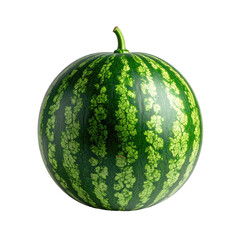 A solitary whole watermelon with vibrant green stripes and mottling isolated against a stark black background.