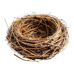 A detailed, isolated close-up of an empty bird's nest constructed from twigs and straw against a black background.