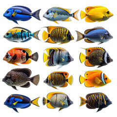 A vibrant collage showcasing fifteen distinct species of tropical marine fish against a solid black background.