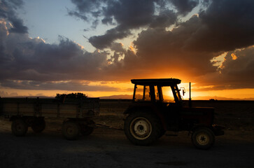 Obraz premium A tractor in a farmland at sunset.