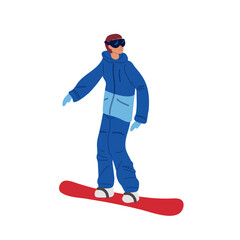 Beginner is learning to snowboard. Snowboarder in winter gear off slope with blue snowboard in snowy area in winter landscape