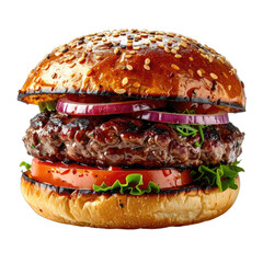 A gourmet grilled beef burger with sesame seed bun, fresh toppings, and a dark background.