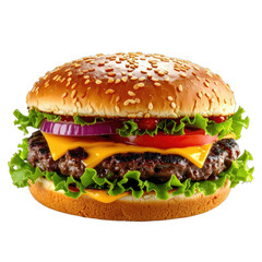 A mouthwatering, perfectly assembled cheeseburger stacked high with fresh ingredients against a stark black background.