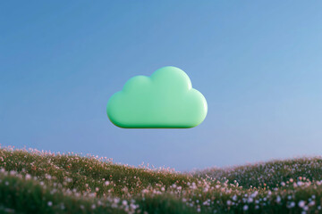 Minimalist 3D Green Cloud Floating Over Fantasy Field in Surreal Nature Setting
