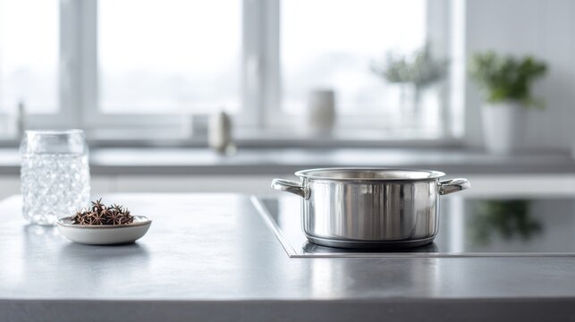 Modern kitchen interior with stainless steel pot for cooking and minimalist design inspiration - Powered by Adobe