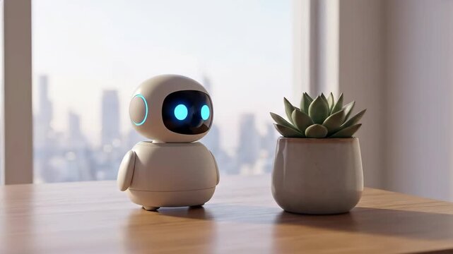 Cute robot curiously observing succulent plant on windowsill. Adorable bot expressing emotion towards greenery in urban setting. Art house animation of artificial intelligence discovering nature.