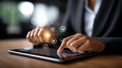 In modern business environments, businesswomen are leveraging digital tablets to approve service icons and ensure quality control through paperless checklists and virtual document