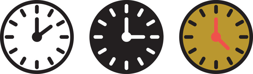 Clock set three versions line icon solid fill and flat color design vector illustration