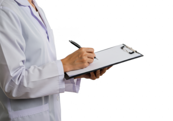 Close up of doctor or nurse in white lab coat writing on clipboard with a black pen isolated on transparent background