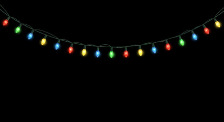 Christmas Light String &ndash; Multicolor Bulbs on Black Background in Transparent PNG and High-Resolution JPG