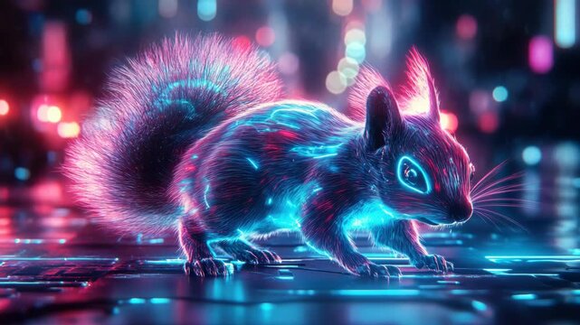 Adorable furry squirrel with glowing bioluminescent patterns walking through a vibrant, futuristic cyberpunk city at night, illuminated by brilliant pink and blue neon lights