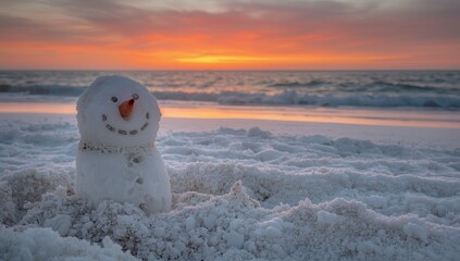 Sand snowman on the beach. Sand snowman. Fun Christmas party. Winter vacation in Florida. Sunny winter day. Happy New Year.