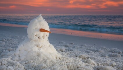 Sand snowman on the beach. Sand snowman. Fun Christmas party. Winter vacation in Florida. Sunny winter day. Happy New Year.