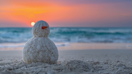 Sand snowman on the beach. Sand snowman. Fun Christmas party. Winter vacation in Florida. Sunny winter day. Happy New Year.