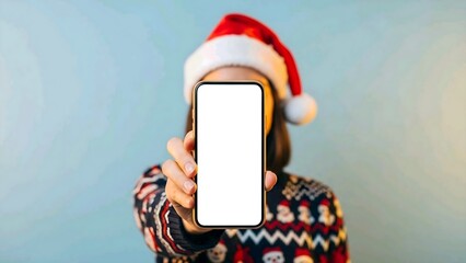 Festive season mobile app advertisement concept featuring a person in a Santa hat presenting a blank smartphone screen for your custom holiday message or design content