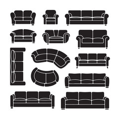 Front View Sofa, Couch, and Armchair Silhouettes Set