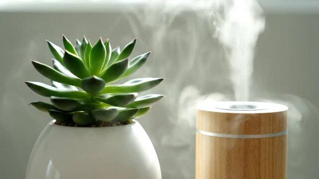 Fresh green succulent plant, white ceramic pot, wooden aroma diffuser mist.